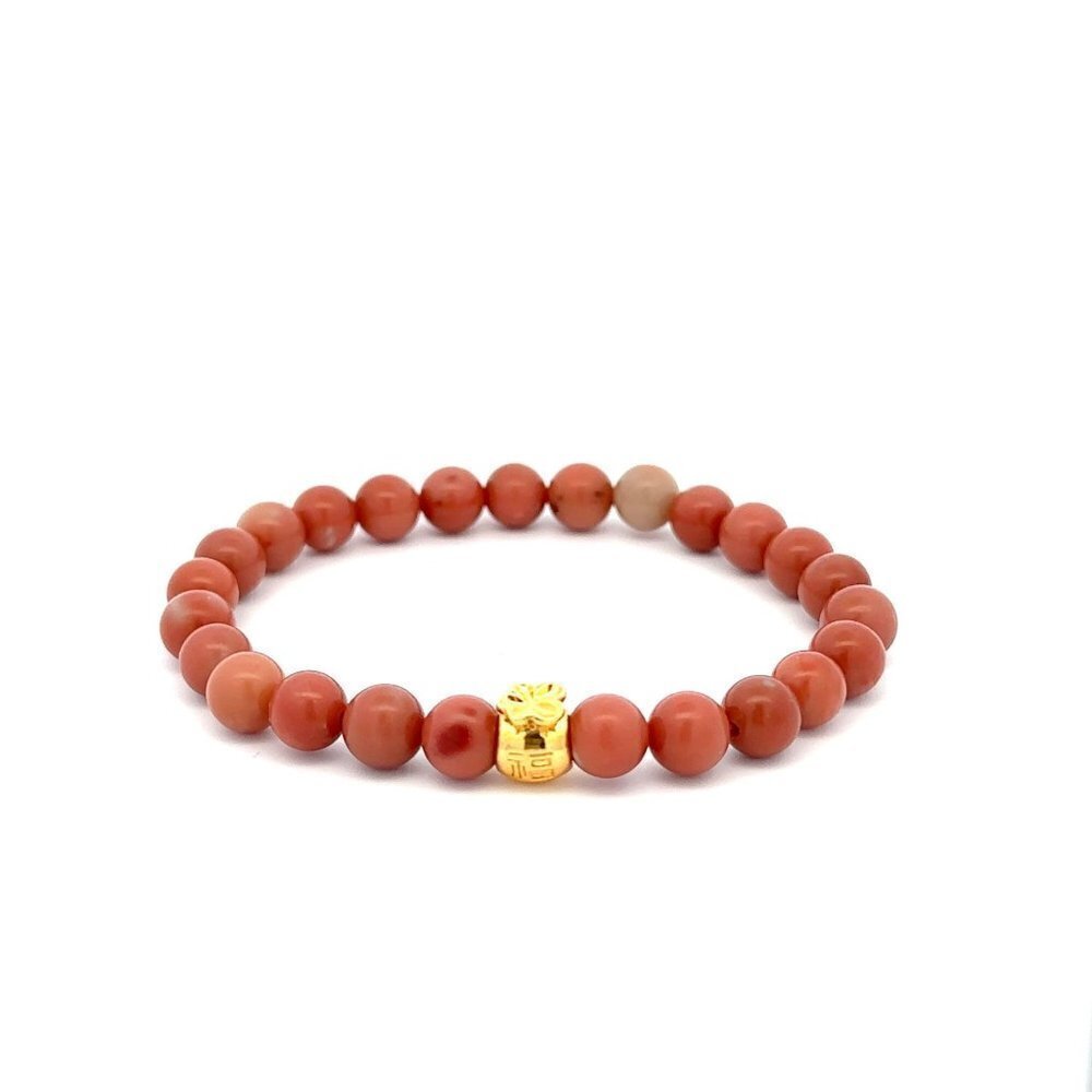 18K Gold Money Bag Lucky Charm Bracelet Gemstones Jade Indian Red 6mm
